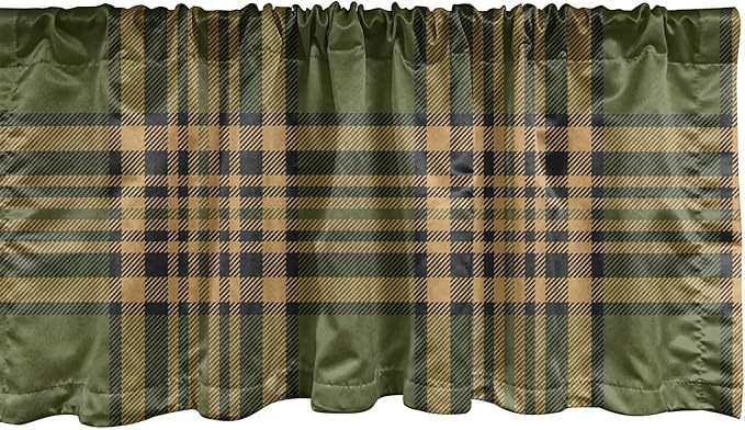 Lunarable Plaid Window Valance Pack of 2, Tartan Pattern in Autumn Tones Old Fashioned Design Country Illustration, Rod Pocket Curtain Valances for Kitchen Bedroom, 54" X 18", Olive Green
