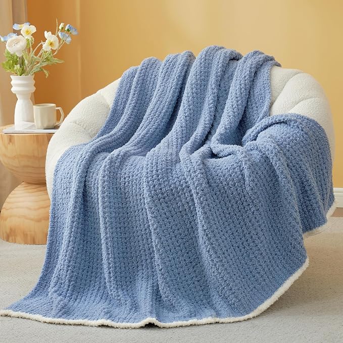 Snuggle Sac Ultra Soft Waffle Throw Blanket for Couch Bed Sofa 50x60 inches, Reversible Blue Blanket Microfiber Fluffy Fuzzy Cozy Knit Throws for Women Mothers Birthday Gifts