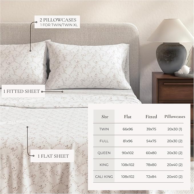Great Bay Home Flannel Sheet Set King Size - 100% Turkish Cotton, Double-Brushed, Winter Floral Bed Sheets - Ultra-Soft, Cozy, 4-Piece Bedding Set (Winter Vines Tan)