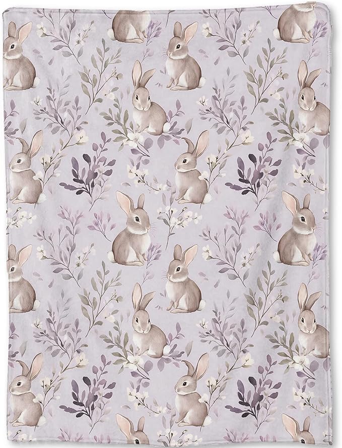 Cute Bunny Blanket - Adorable Rabbit Pastel Lavender Floral Fleece Throw,Gifts for Kids Girls, Soft & Warm,Lightweight, for Modern Rustic Decor, Animal Lovers, and Room Home Accents 60x80in