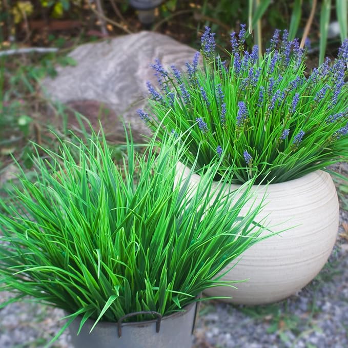 Faux Outdoor Plants 12 Bundles Artificial Boxwood Shrubs Grass Fake Greenery Green Plastic Leaf for Groud Planter Front Porch Patio Decor (12 Bundles Green Grass Plants)