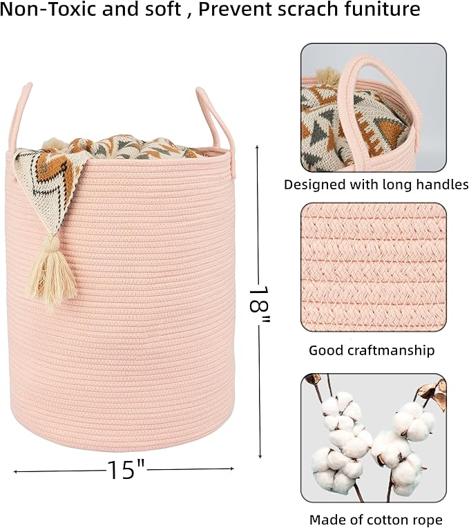 Cotton Rope Laundry Basket Hamper for Clothes Woven Storage Basket for Living Room Bedroom Boho Tall Rope Baskets for Blanket Toys Pillow Towels Baby Nursery Hamper Bin coral pink