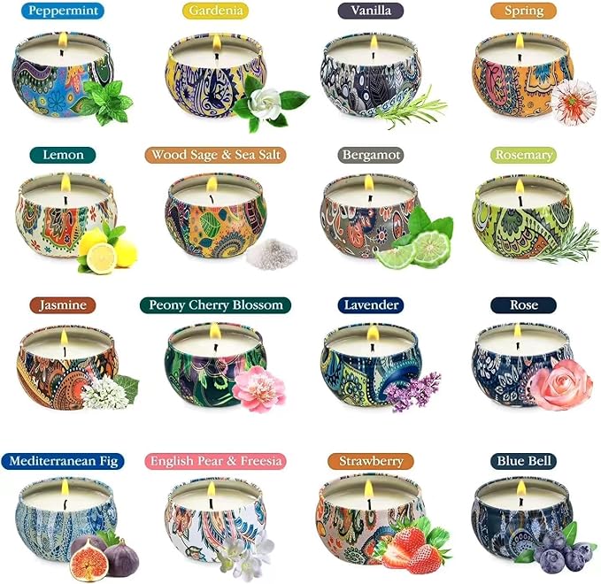 16 Scented Candles Gift,Natural Soy Wax Aromatherapy Candles,Small Portable Tin Candles Set for Mom,Women,Teachers, Colleagues and Friends,2.5 OZ.