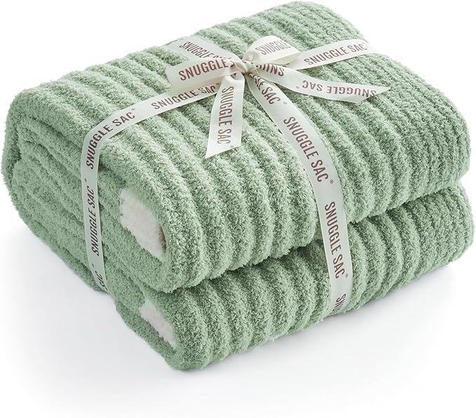 Snuggle Sac Fluffy Ribbed Throw Blanket for Couch, Sage Green, Microfiber Knit Throws for Sofa, Soft Luxurious Fuzzy Warm Blankets for Sofa, Bed, Travel, Sage Green, 50x60 inches