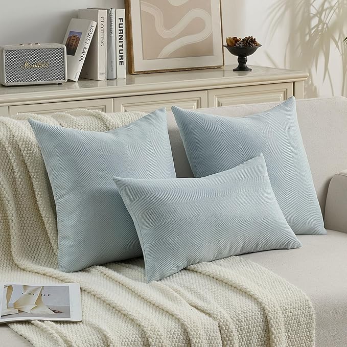 FUTEI Light Blue Chenille Throw Pillow Covers 20x20 Inch Set of 2,Soft Wide Chevron Textured Cushion Case,Farmhouse Home Decor for Couch Living Room