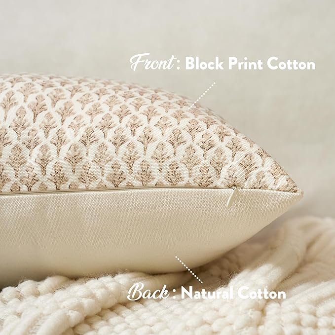 Floral Pillow Covers 18x18 Pillow Cover Block Print Couch Pillows for Living Room Decorative Neutral Accent Throw Pillow Covers, 1PC, Cognac Brown