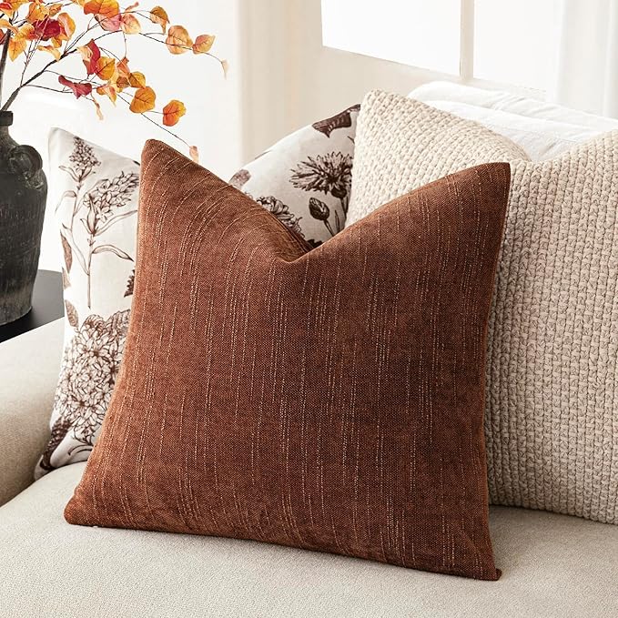 Foindtower Pack of 2 Soft Textured Chenille Throw Decorative Pillow Covers Square Accent Solid Cushion Cover Cozy Neutral Farmhouse Pillow Case for Couch Sofa Bedroom Living Room 22x22 Inch,Red Taupe