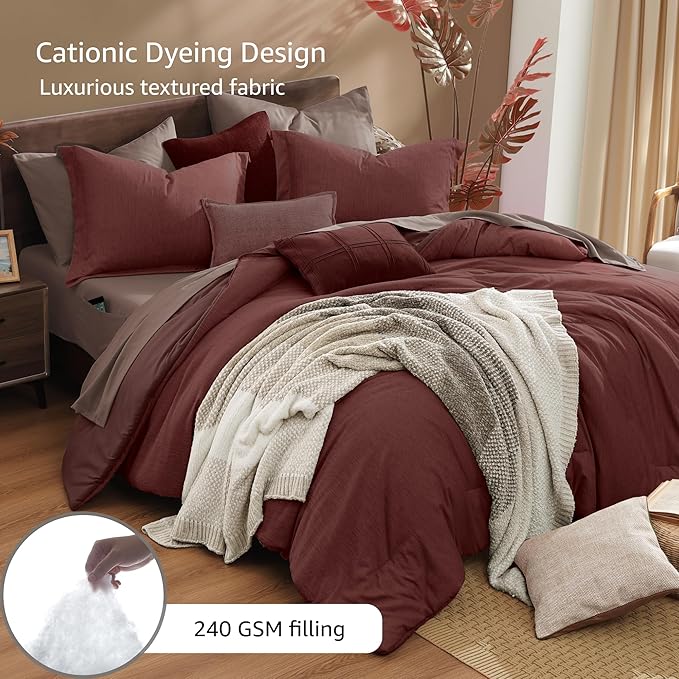 Monbix Full Size Comforter Set, Dark Red Bedding Comforter for Full Size Bed Set Reversible, Bedding Sets Full 7 Pieces, Cationic Dyeing Bed in a Bag with Comforter, Sheets, Pillowcases & Shams