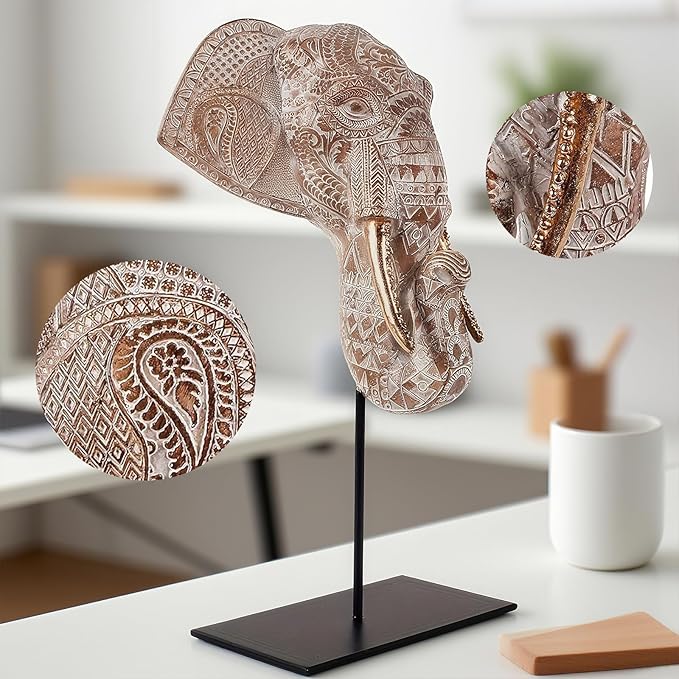 Elephant Head Statues Elephant-Shaped Decor Home Living Room Decor Sculpture Shelf Decorations Ornaments Office Figurine Desktop Accent Aesthetic Collectibles (White-Brown)