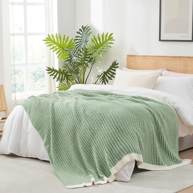 Snuggle Sac Soft King Size Blanket for Bed, Cozy Soft Fuzzy Microfiber Knit Stripe Bedding Blankets, Sage Green, 108x90 inches