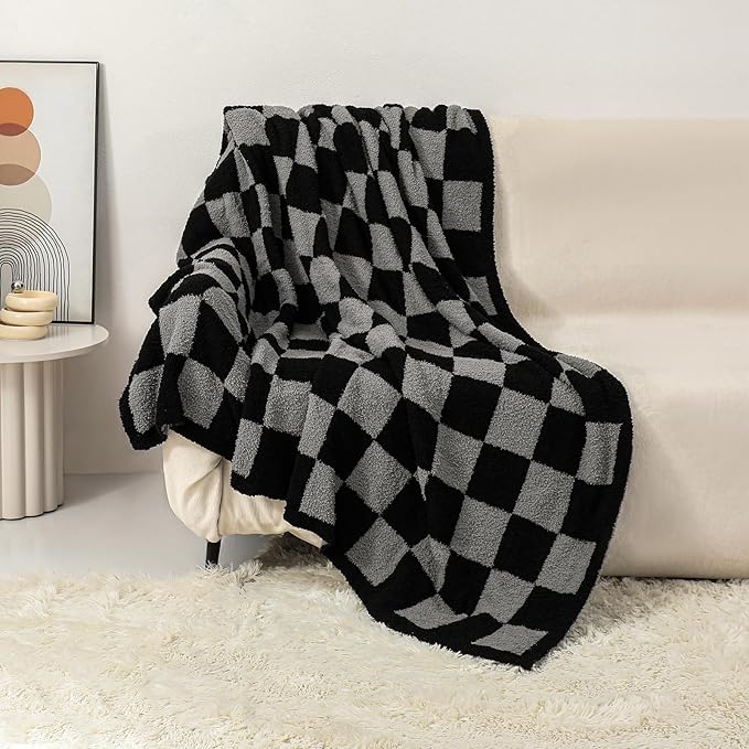 bearberry Fuzzy Checkerboard Grid Throw Blanket Soft Cozy Warm Microfiber All Season Blanket Decor for Couch Sofa Bed Travel Home (Black/Grey, 50''x60'')