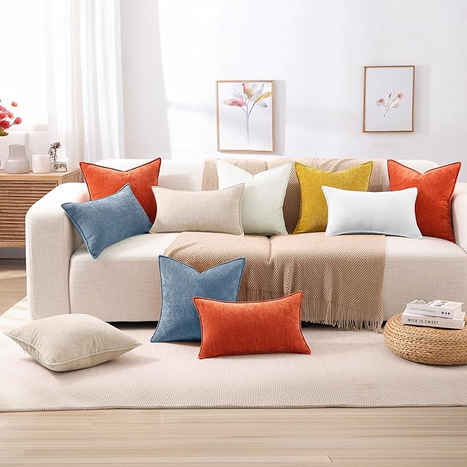 decorUhome Couch Throw Pillow Covers 16x16 Set of 2, Decorative Soft Euro Neutral Chenille Pillow Covers with Elegant Design for Sofa Bed Living Room Home Decor, Blue