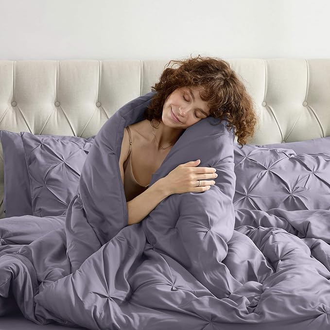 Nestl Queen Comforter Set - 7 Piece Pinch Pleated Comforter Queen Size Grayish Purple, All Season Bed in a Bag with Flat Sheet, Fitted Sheet, Pillowcases and Shams