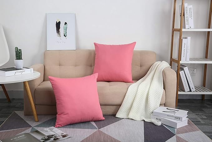 TangDepot Set of 2 Handmade Decorative Solid 100% Cotton Canvas Throw Pillow Covers/Cushion Covers, 45 Colors Available - (18"x18" 2 Pieces, Pink)