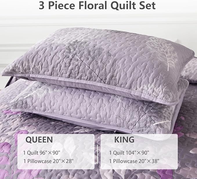 WONGS BEDDING Purple Floral Quilt Set King Size, 3 Pieces Botancal Leaves Bedspread Coverlet Set with 2 Pillowcases for All Season, Soft Microfiber Floral Bedding Set 104"×90"