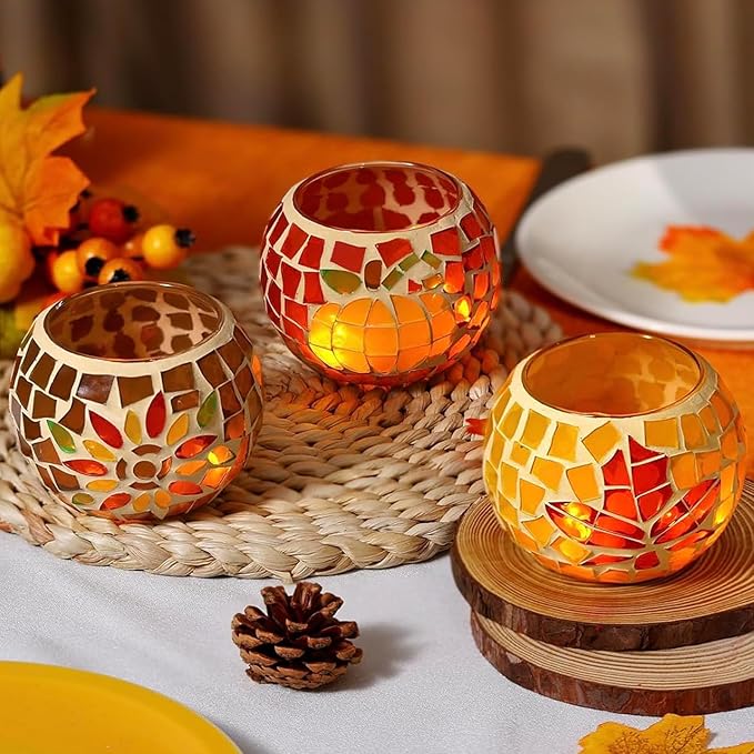 Nefelibata Fall Candle Holder Set of 3 Mosaic Maple Leave Sunflower Tealight Holder Pumpkin Glass Thanksgiving Votive Candle Holder Thanksgiving Party Dinner Table Centerpieces (No Candle Included)