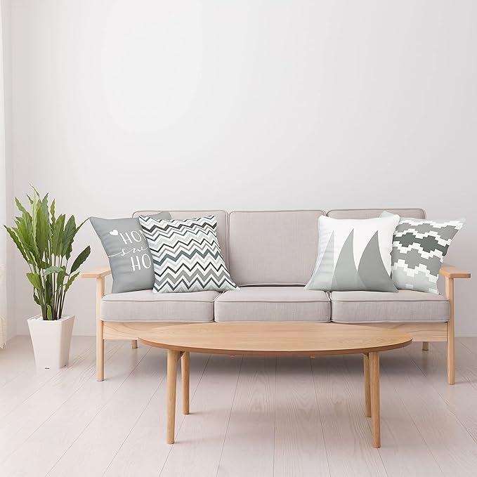 Ambesonne Modern Throw Pillow Cushion Case Pack of 4, Geometric Style Pattern of Triangles Zigzags Love Home Phrase Print, Modern Accent Double-Sided Digital Printing, 24", Pale Grey White and Dimgray