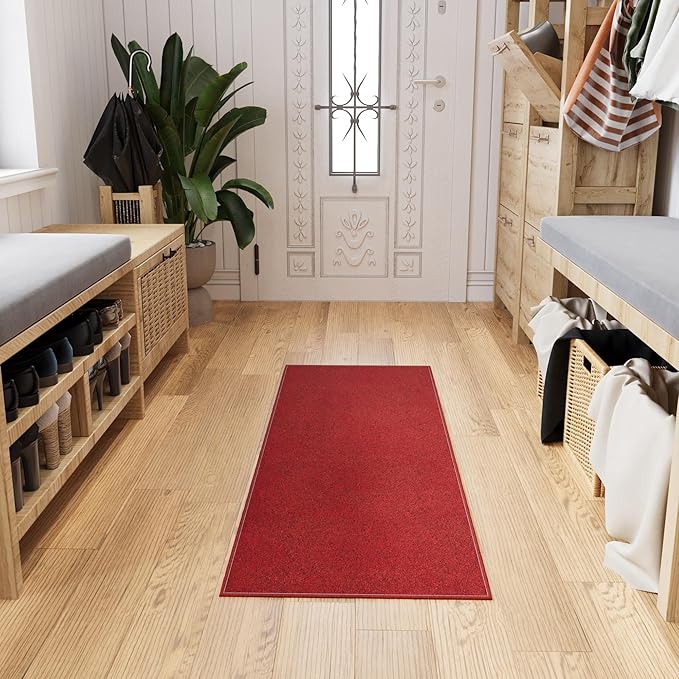 Ottomanson 2' x 6' Ultra-Thin Hallway Runner Rug - Durable Non-Slip Carpet for High-Traffic Areas - Fits Under Doors for Seamless Entry - Ideal for Kitchen, Entryway, Bedroom & Living Room, Red