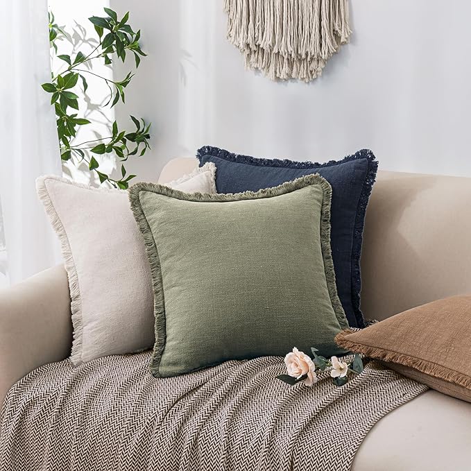 Woaboy Decorative Linen Fringe Throw Pillow Covers Boho Farmhouse Soft Cushion Covers Accent Pillowcases with Tassels Christmas Home Decor for Livingroom Couch Sofa Bed,20x20 Inch Set of 2,Olive Green
