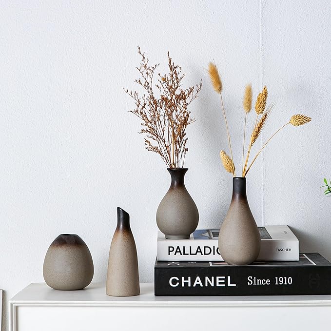 Rustic Ceramic Bud Vase Set of 11, Small Vases for Pampas Grass, Flowers, Modern Farmhouse for Home Decor, Vintage Decor, for Living Room, Dining Table & Shelves