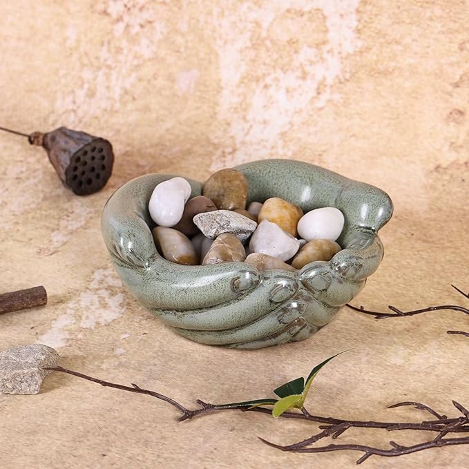Ceramic Hands Bowl Dish Sculpture, Giving Hands Candy Holder for Succulent Planter, Crystal Rock Holder, Office, Keys Bowl for Entryway Table (Vintage Green)
