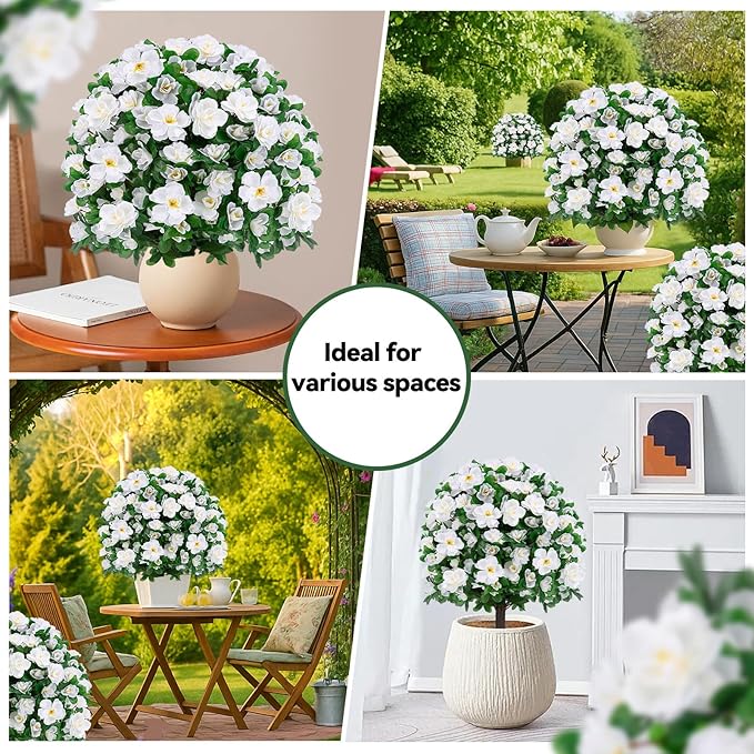 Artificial Boxwood Topiary Ball Trees with Ground Spikes UV Resistant Faux Greenery Shrubs Fake Shrubs for Outdoors, Realistic Faux Plants Bushes for Garden Porch Yard Patio Decor (White)