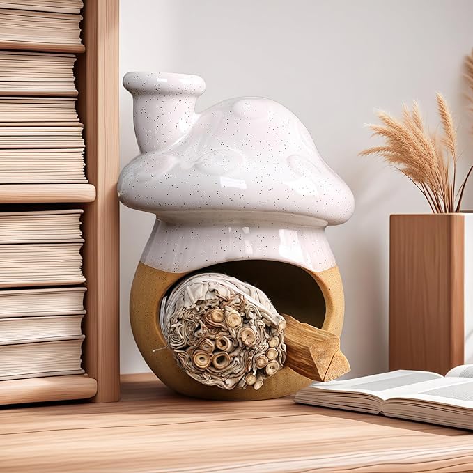 Mushroom Incense Holder, Blue Ceramic Palo Santo Holder Burner & Sage Holder - Mini Tabletop Chiminea Burner Tray with Ash Catcher, Cute Mushroom Decorations for Spiritual Meditation & Yoga