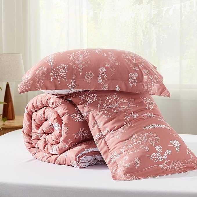 Bedsure Queen Comforter Set - Grayish Pink Bed Set, 3 Pieces Cute Floral Bedding, 1 Soft Reversible Botanical Flowers Comforter and 2 Pillow Shams