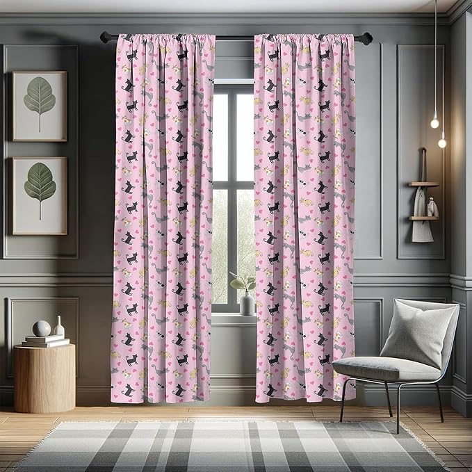 Ambesonne Kitty Curtains, Cats in Colorful Design and Patterns Among Pink Hearts Resting Happy Stretching, Window Treatments 2 Panel Set for Living Room Bedroom, Pair of - 28" x 95", Soft Pink