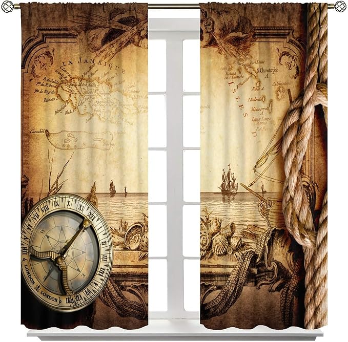 Pirate Map Curtains, Nautical Theme Old Ancient Treasure Map Secret Sea History Pattern Blackout Window Drapes for Kids Boys Bedroom Living Room 42x54 Inch
