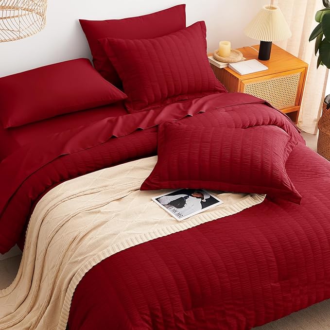 CozyLux Queen Comforter Set Dark Red Seersucker 7 Pieces Bed in a Bag Queen Comforter Set with Sheets, Luxury Soft Bedding Set with Down Alternative Comforter, Sheets, Pillowcases & Shams All Seasons
