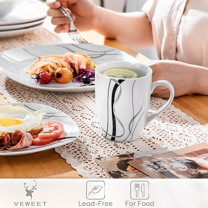 VEWEET Ceramic Coffee Mugs Set of 6, 11 OZ Coffee Cups Set with Handle, White Mugs Set Porcelain Cup Set for Kitchen, Microwave Dishwasher Safe, Series Fiona
