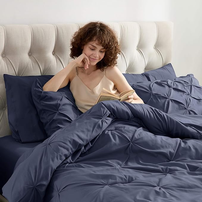 Nestl California King Comforter Set 7 Piece - Pintuck Cal King Comforter Set Navy, California King Bed in a Bag, All Season Bed Set with Flat Sheet and Fitted Sheet, Pillowcases and Shams