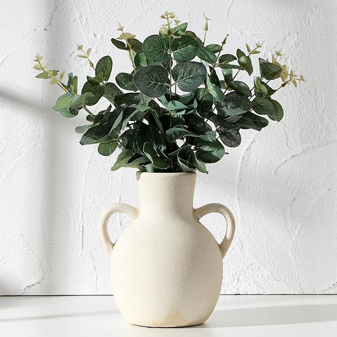 SIDUCAL Rustic Ceramic Farmhouse Flower Vase with 2 Handles, Terracotta Vase, Decorative Pottery Flower for Home Decor, Table, Wedding, Living Room, Shelf Decor, 7.3 Inch, White