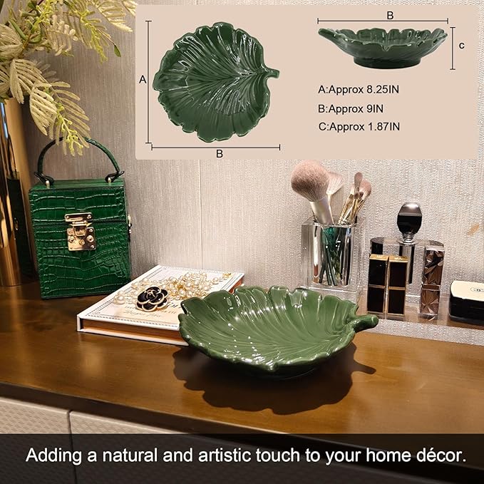 Green Decorative Tray Small Palm Leaf Style for Entryway Table Ceramic Leaf Tray for Kitchen Decor Cocktail Table Decoration