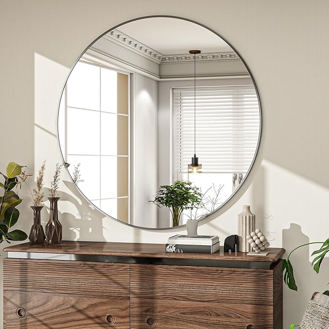 Round Mirror Wall Mounted Mirror- 32" Circle Mirror Bathroom Vanity Mirror with Aluminum Frame for Bedroom Living Room, Entryway Decor Black Mirror
