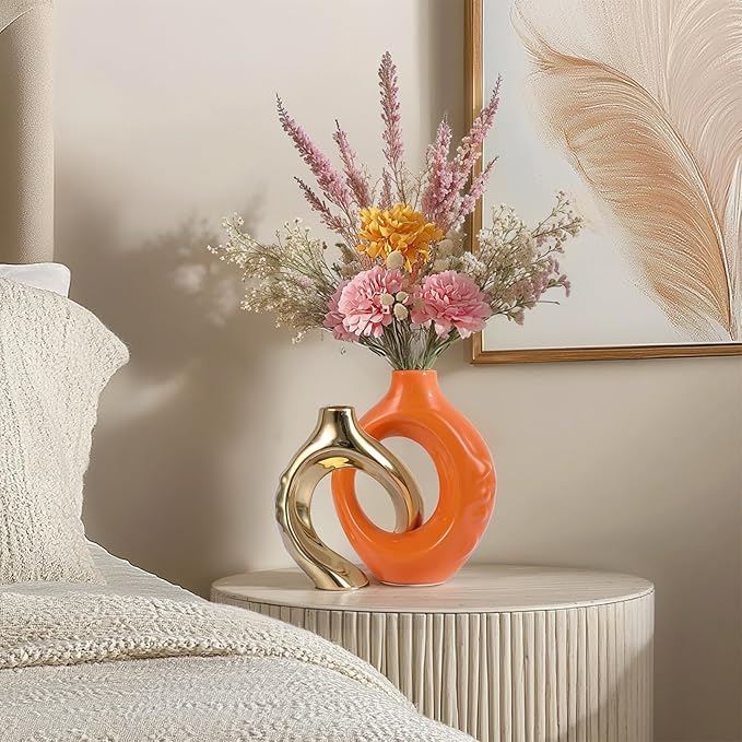Orange Gold Ceramic Vase Set of 2 for Modern Home Decor,Round Boho Vase for Pampas Grass,Neutral Minimalist Statue for Dining Room Table Centerpiece Dining Room,Wedding Table Decoration