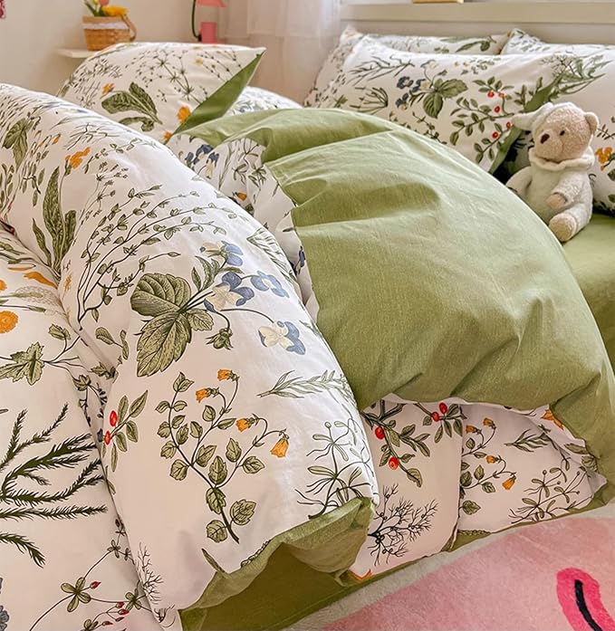 KAREVER Botanical Comforter Queen Sage Green Floral Plant Bedding Set Garden Pattern Printed Reversible Blanket 3 PCs Breathable White Floral Bed Comforter Set