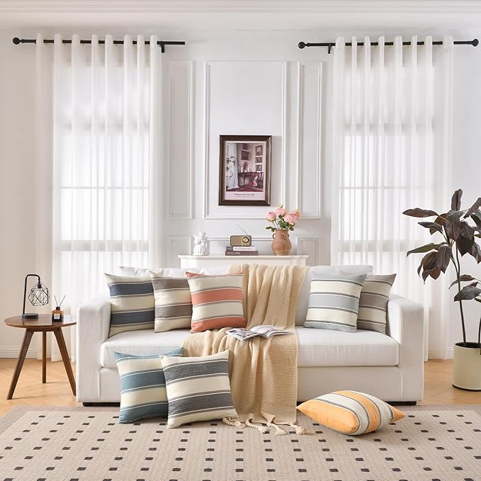 AmHoo Pack of 2 Farmhouse Linen Throw Pillow Cover Cushion Stripe Decoration Buffalo Retro Pillowcase with Hidden Zipper for Sofa Bedroom Car 16 x 16 Inch Burnt Orange