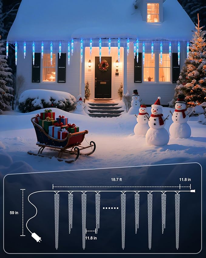 Minetom Icicle Lights Outdoor with Clips, 2 Pack Total 40ft 200 LED 40 Tubes Twinkling Connectable Hanging Ice Shape Christmas String Lights Plug in for Eave Holiday Outdoor, Blue and White