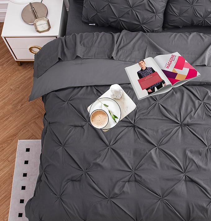 LANE LINEN Queen Comforter Set, 7 Piece Bedding Set, Pillowcases & Shams - Pintuck Comforter & Soft Queen Bed in a Bag Set - Grey