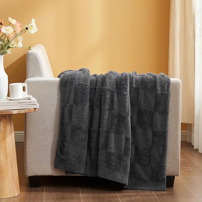 Snuggle Sac Faux Fur Checkered Blanket Twin Size with Soft Knitted Microfiber Fabric,Cozy Soft Warm Blanket for Sofa Bedroom Living Room,Solid Dark Grey,60x80 inches