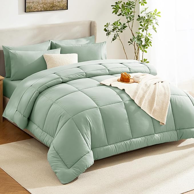 CozyLux Twin XL Comforter Set Sage Green, 5 Pieces Twin Extra Long Bed in a Bag for College Dorm, All Season Bedding Set with Stitch Quilted Comforter, Flat Sheet, Fitted Sheet, Pillowcases