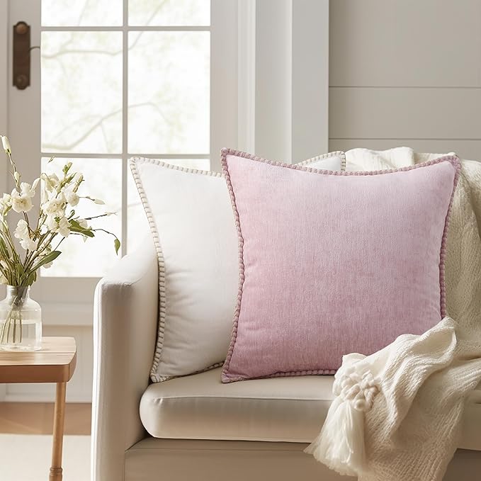 decorUhome Chenille Soft Throw Pillow Covers 12x20 Set of 2, Lumbar Velvet Farmhouse Neutral Decorative Euro Pillow Covers with Stitched Edge for Couch Sofa Bed Home Decor, Blush Pink