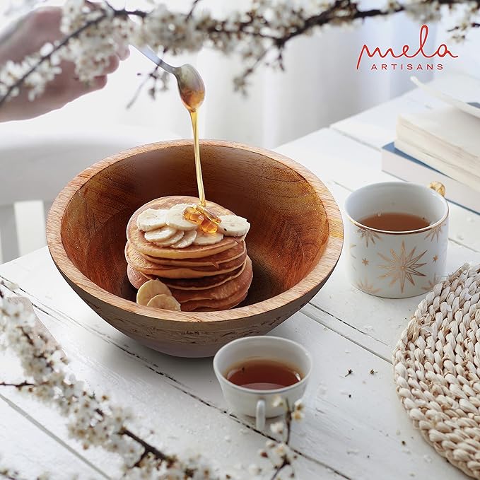 Mela Artisans Wooden Fruit Bowl | Medium Burnt Finish | 9” Mango Wood Serving Bowl with Felt Pads | Multipurpose for Kitchen Countertop |Salad | Snacks | Breads & More | Natural Grain Texture