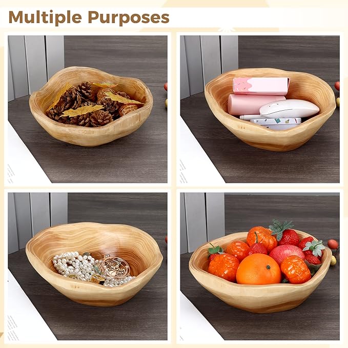 Varku 2PCS Decorative Wooden Bowls, Wood Fruit Bowls for Serving Fruits Candy Desserts, Creative Handmade Natural Wooden Pans, Rustic Wood Pans for Home Decor