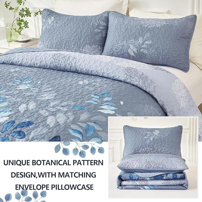 WONGS BEDDING Blue Quilt Set Queen Size,3 Pieces Navy Blue Floral Bedspread Coverlet Set,Soft Microfiber Lightweight Grayish Blue Gradient Floral Bedding Set Queen 96"x90"