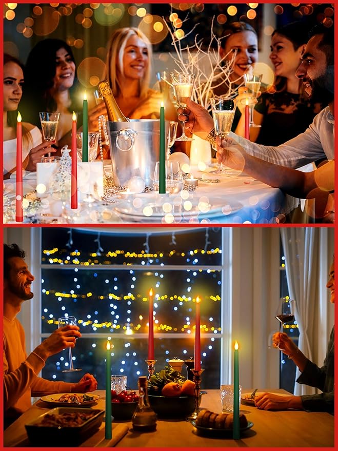 Funtery 48 Pcs Flameless LED Taper Candles 11 Inch Battery Operated Flickering Candles Bulk for Christmas Church Wedding Party (Red, Green, Classic Style)