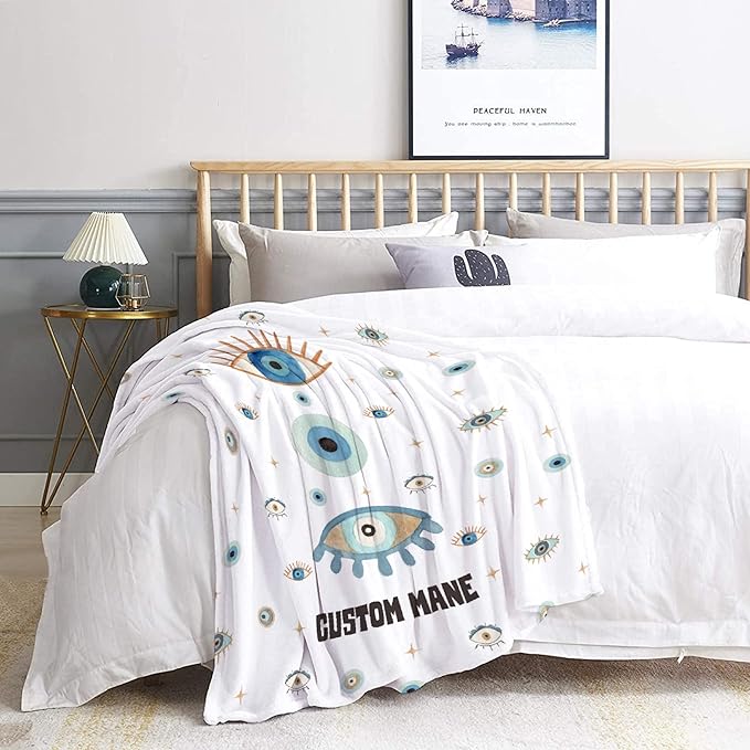 Custom Name Blanket with Evil Eye, Personalized Spiritual Blanket Evil Eye Decor for Car Couch Bedroom,Customized Magic Evil Eye Pattern Home Decor for Men Women,50"x60"-Teens/Travel Size