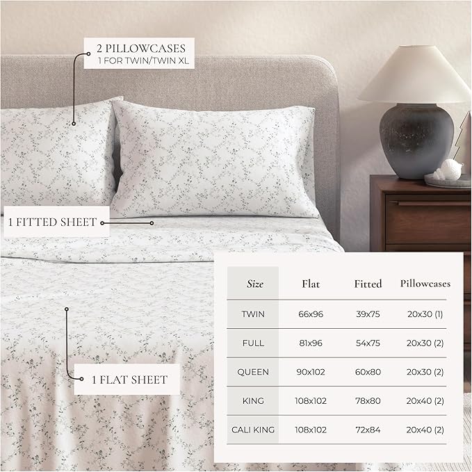 Great Bay Home Flannel Sheet Set Full Size - 100% Turkish Cotton, Double-Brushed, Winter Floral Bed Sheets - Ultra-Soft, Cozy, 4-Piece Bedding Set (Winter Vines Green)